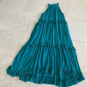 Teal maxi dress- high low hem - tiered - size L